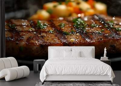 Close-up of a juicy, grilled steak on a sizzling skillet. Wall mural