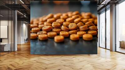 Close-up of a pile of brown pet food kibble on a black surface. Wall mural