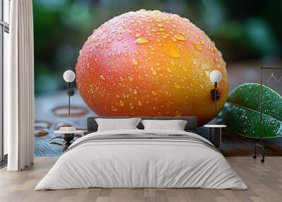 Close-up of a ripe mango with water droplets on a wooden surface. Wall mural