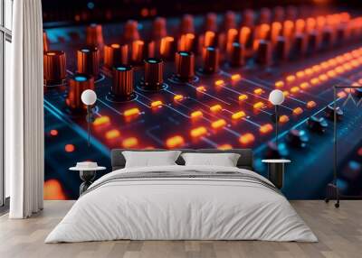 Close-up of a soundboard with glowing buttons and knobs. Wall mural