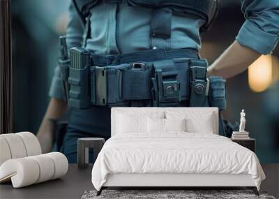 Close-up of a woman's tactical belt with various pouches and accessories. Wall mural