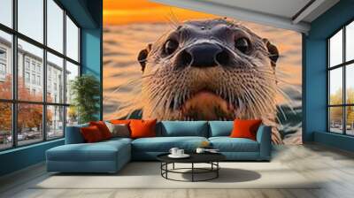 Close-up of an otter swimming in the water at sunset with its head raised and looking at the camera. Wall mural