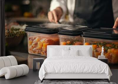 Close-up of three containers filled with cooked food, with a chef's hand in the background. Wall mural