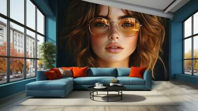 Close-up portrait of a young woman with brown hair and round sunglasses looking at the camera. Wall mural