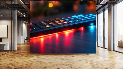 Closeup of a black remote control with glowing red and blue lights on a wooden surface. Wall mural