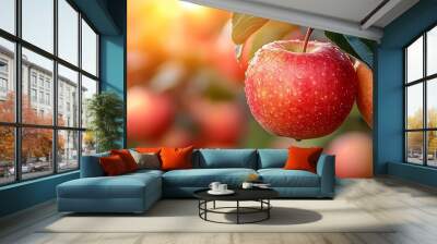 Closeup of two red apples on a tree branch, with other apples in the background. Wall mural