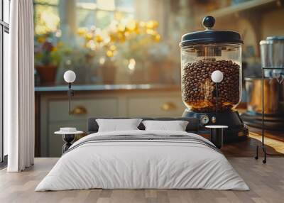 Coffee beans in a glass jar on a wooden counter in a kitchen. Wall mural