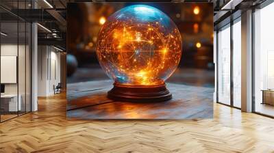 Crystal ball with glowing lights inside sits on wooden table. Wall mural