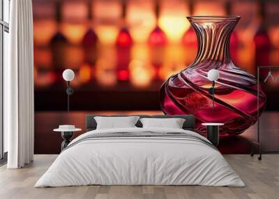 Crystal decanter filled with red liquid against a blurred background of bottles. Wall mural