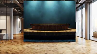 Empty round wooden stage lit with spotlights in a dark room. Wall mural