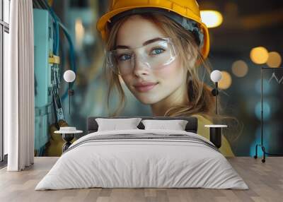 Female electrician in a hard hat and safety glasses looks confidently at the camera while working on an electrical panel. Wall mural