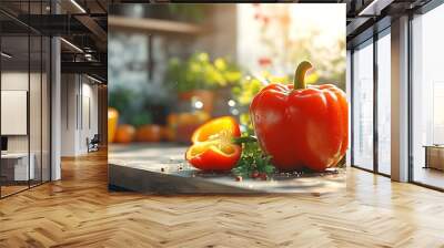 Fresh red bell pepper and vegetables on a kitchen counter. Wall mural