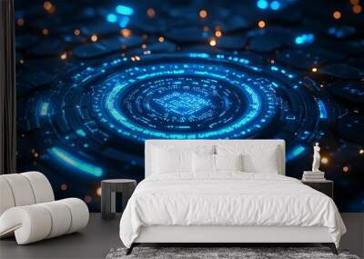 Futuristic blue glowing circle interface with a central symbol on a dark background. Wall mural