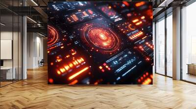 Futuristic interface with glowing red and blue elements. Wall mural