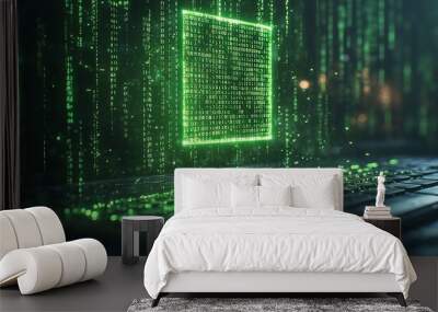 Green digital code square hovering over computer keyboard. Wall mural