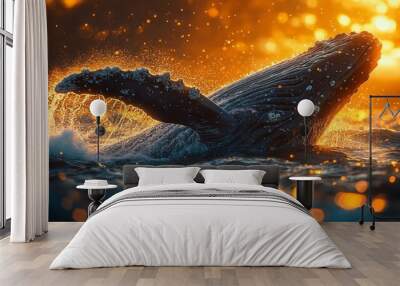 Humpback whale breaches through water with sun setting in background, creating a golden glow. Wall mural