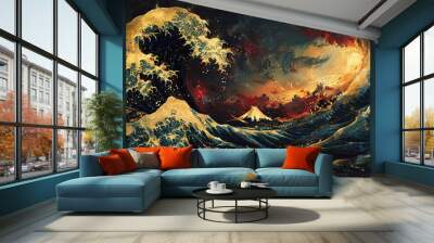 Katsushika Hokusai's Japanese depiction of a very turbulent sea with massive waves. The background s shows a beautiful dark night over a illuminated village. The colors are red and yellow Wall mural