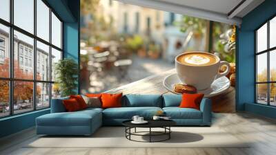 Latte art in a white cup on a wooden table with a blurred cafe background and flowers. Wall mural