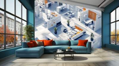 Modern office interior design with open floor plan and minimalist furniture. Wall mural