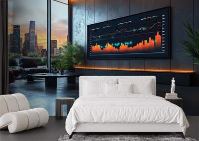 Modern office interior with a large screen displaying financial data, two armchairs, and a coffee table, overlooking a city skyline at sunset. Wall mural