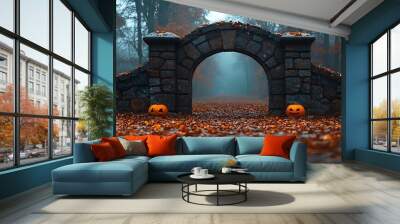 Mystical stone archway with jack-o-lantern pumpkins in a foggy forest. Wall mural