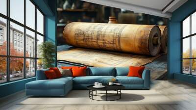 Old rolled up parchment on a wooden table. Wall mural