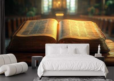 Open Bible on a wooden lectern in church, with sun rays coming from the pages. Wall mural