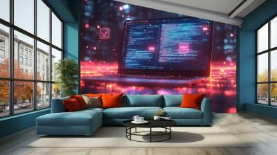 Open laptop with code on screen in glowing red and blue light. Wall mural