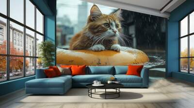 Orange tabby cat floating on a yellow ring in floodwater. Wall mural