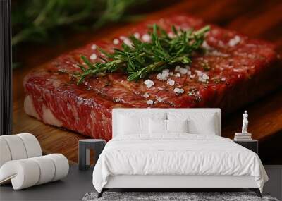 Raw beef steak seasoned with salt and rosemary on a wooden cutting board. Wall mural