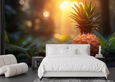 Ripe pineapple on the forest floor at sunset. Wall mural