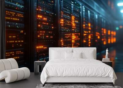 Rows of glowing servers in a data center. Wall mural