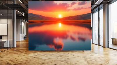 Serene sunset reflecting in a tranquil lake with hills in the distance. Wall mural