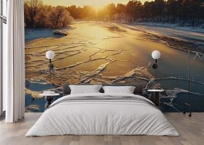 Serene winter landscape with a frozen river at sunset. Wall mural