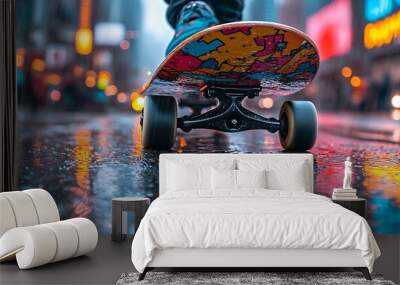 Skateboard on wet asphalt street in the city at night. Wall mural