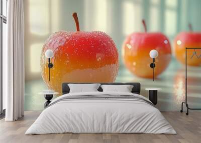 Three shiny red and yellow apples with water droplets on a white surface. Wall mural