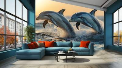 Two dolphins leaping gracefully above ocean waves at sunset. Wall mural