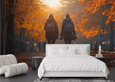 Two friends walk through a park on a crisp autumn day, the sun shining through the trees. Wall mural