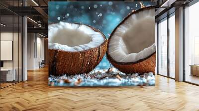 Two halves of a coconut with white flesh and brown shell on a dark background with coconut flakes. Wall mural