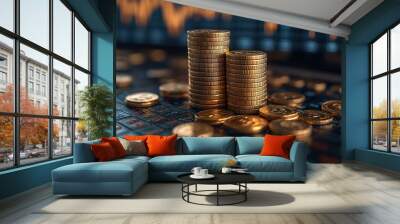 Two stacks of gold coins in front of a stock market graph. Wall mural