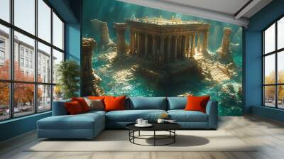 Underwater Ruins of a Ancient Temple with Sunbeams Shining Through the Water. Wall mural