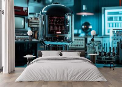 Vintage futuristic electronic device in a retro studio setting with glowing red screen display. Wall mural