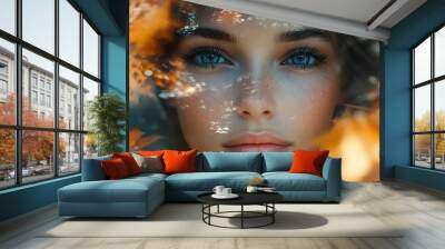 Woman's face with blue eyes through autumn leaves. Wall mural