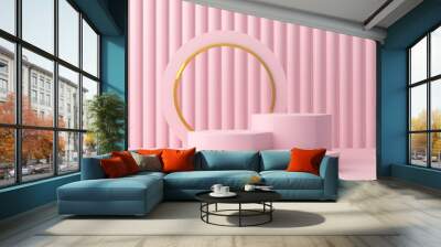 Pink  shapes on a pink  abstract background. Two minimal podium and gold cylinder. Scene with geometrical forms. Empty showcase for cosmetic product presentation. Fashion magazine. 3d render.  Wall mural