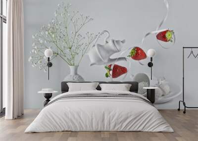 Flying strawberries with white ribbon and decorative dishes. Wall mural