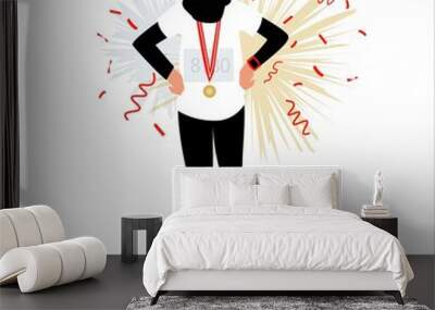 Muslim girl in hijab and sportswear. The female winner in the games of the competition stands on the winners podium in first place with a gold medal.
Modern vector illustration concept. EPS10 Wall mural