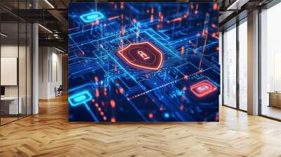 A futuristic background showing a circuit board with shield symbols. This represents the idea of protecting data and online privacy. It symbolizes the innovative technology used for modern security. Wall mural