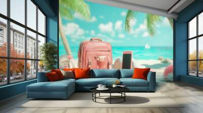 A picture showing the idea of a summer vacation: a travel bag, beach stuff, and a smartphone on a beautiful sandy beach with the ocean in the background. Wall mural