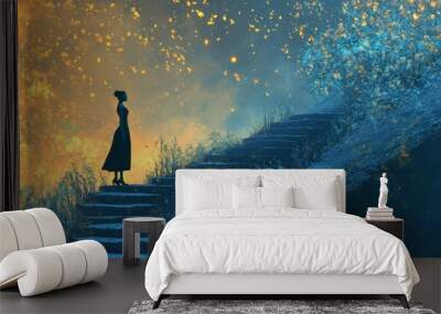 Surreal art, Inspiration, Motivation, change, freedom, hope, dream, way and concept artwork, conceptual 3d illustration. A  black woman alone  with a stair in fantasy nature landscape. painting Wall mural