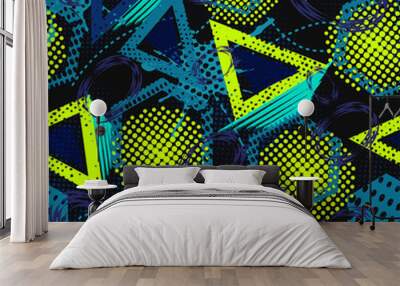 Abstract grunge sport pattern children for girls and boys. Creative sport vector pattern with dots, triangle, lines, polygon. Funny wallpaper for textile and fabric. Fashion sport pattern style. Wall mural